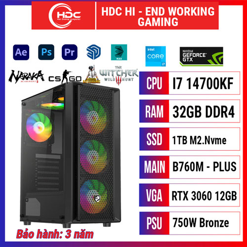 PC HDC HI- END WORKING- GAMING CPU Intel i7 14700KF – RAM 32GB DDR4 – SSD 1TB Nvme M.2 – MAIN TUF B760M-Plus - VGA RTX 3060 12GB